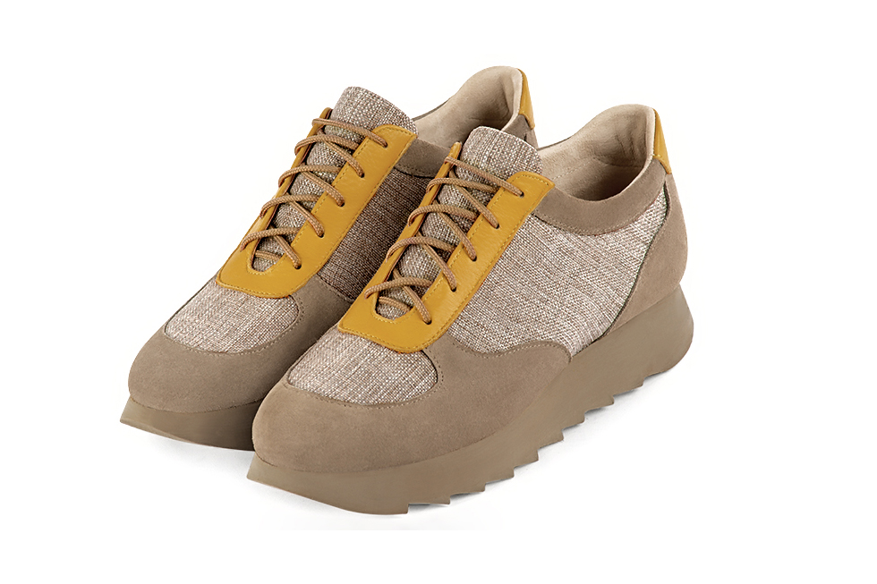 Tan beige and mustard yellow women's three-tone elegant sneakers. Round toe. Low rubber soles. Front view - Florence KOOIJMAN